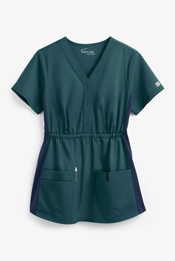 Butter-Soft STRETCH Women's 3-Pocket Knit Panel Maternity Scrub Top - Caribbean Blue/Navy - 1