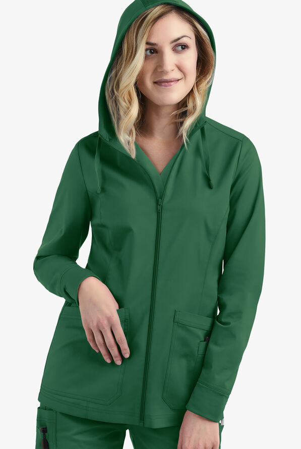 Butter-Soft STRETCH Women's 3-Pocket Zip-Front with Cozy Knit Hood and Trim Scrub Jacket - Hunter - 3