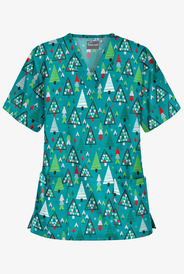 UA ButterSoft XMas Park Teal Women's 2Pocket VNeck Print Scrub Top