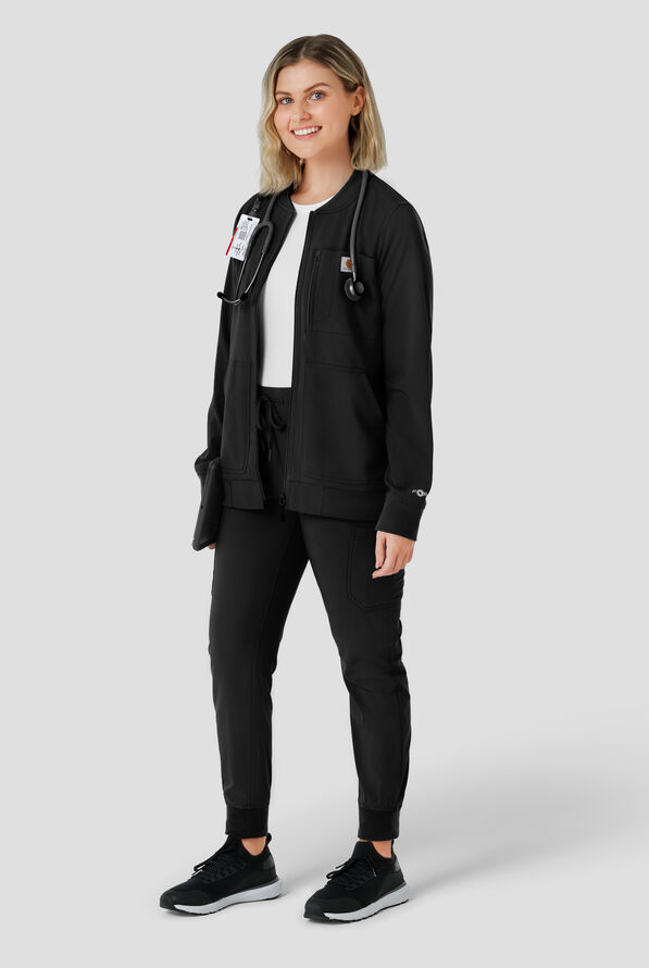 Carhartt Force Cross-Flex Rugged Flex Women's 6-Pocket Rib Trim Lightweight Zip Bomber Scrub Jacket - Black - 4