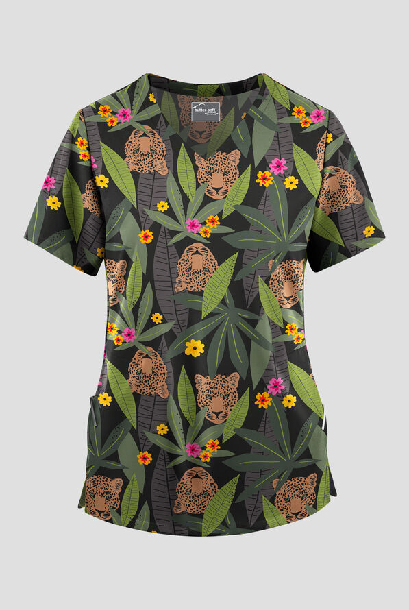 Blusa médica estampada Butter-soft STRETCH Exotic Jungle con cuello en V y 2 bolsillos para mujer - null - 1