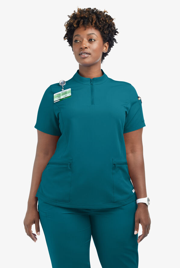 Butter-Soft Women's 5-Pocket Zipper Neck Short Sleeve Scrub Top **Slightly IRREGULAR** - Caribbean Blue - 5