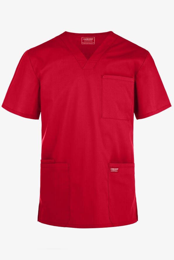 Cherokee Workwear Professionals Men's 4-Pocket STRETCH V-Neck Scrub Top - Red - 1