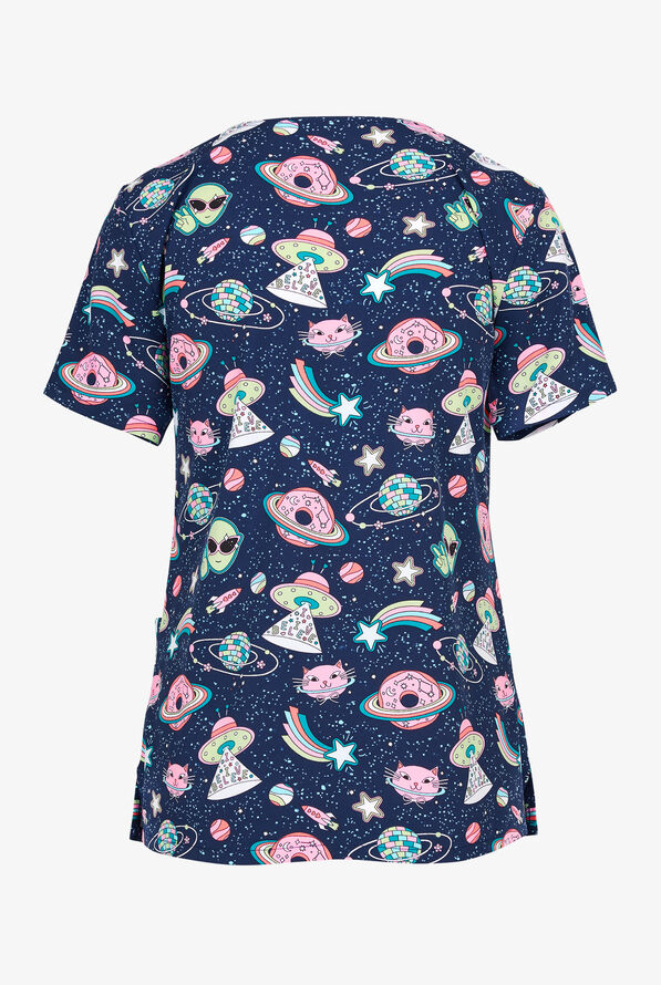 Cherokee Groovy Galaxy Women's 2-Pocket STRETCH V-Neck Print Scrub Top - null - 2