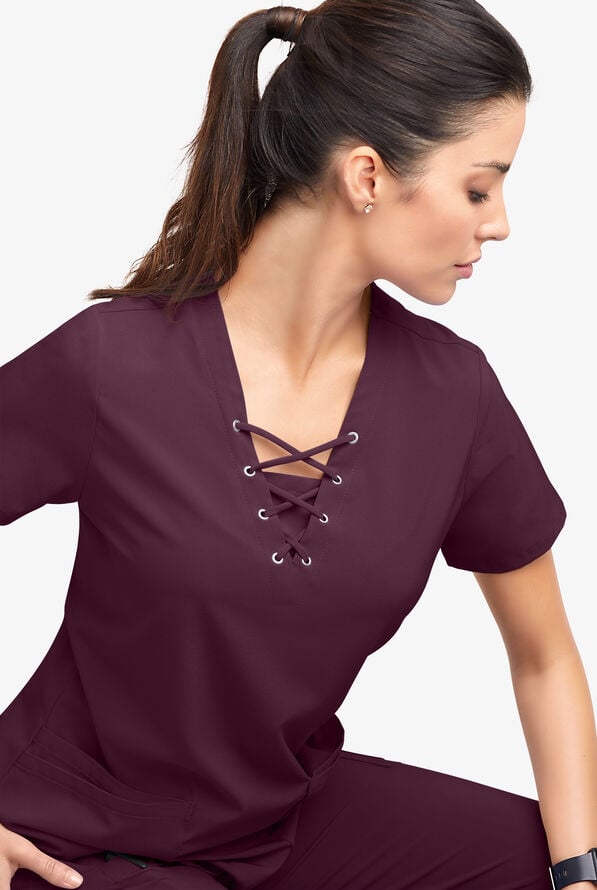 Easy STRETCH Gisele Women's 4-Pocket Lace Up V-Neck Scrub Top - Dark Mulberry - 5