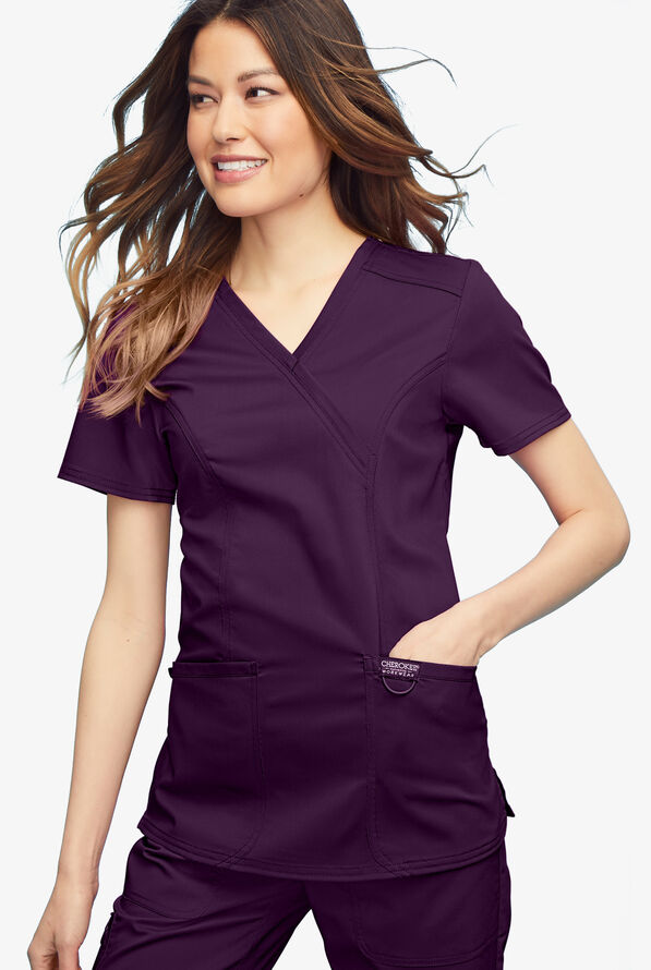 Cherokee Workwear Revolution Women's 2-Pocket STRETCH Mock Wrap Scrub Top - Eggplant - 2
