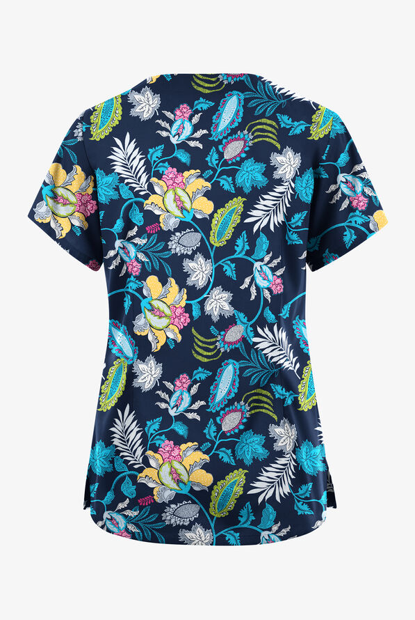 Butter-Soft Originals Imperial Jacobean Navy Women's 6-Pocket Scallop Neck Print Scrub Top - null - 2