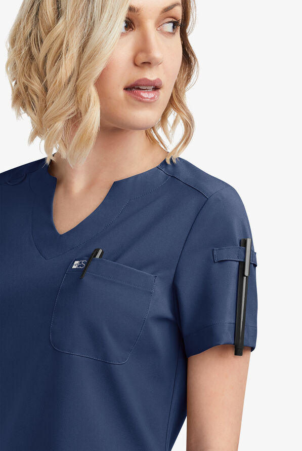 Easy STRETCH Nikki Women's 1-Pocket Scallop Neck Tuck-In Scrub Top - Navy - 3