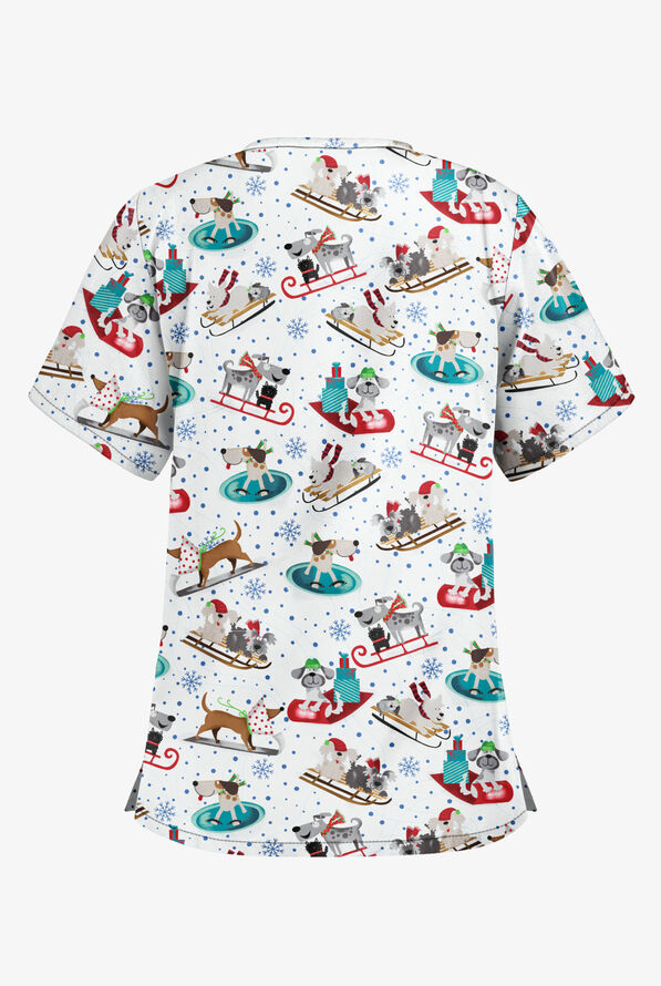 Butter-Soft Sleighing Puppies White Women's 2-Pocket V-Neck Print Scrub Top - null - 2