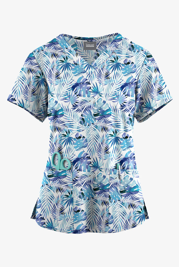Butter-Soft Originals Tropical Garden Women's 4-Pocket Rounded V-Neck Print Scrub Top - null - 1