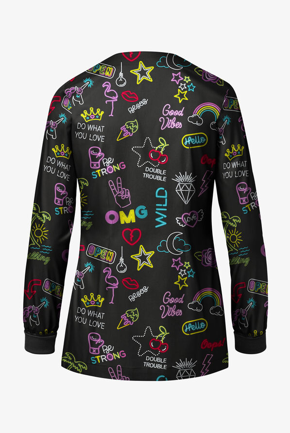Butter-Soft STRETCH Neon Vibes Black Women's Printed Long Sleeve Snap Front Jacket - null - 2