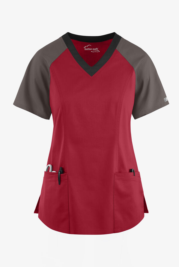 Blusa médica UA Butter-Soft STRETCH Active con bloques de color y 5 bolsillos para mujer - Ruby/Cool Grey/Black - 1