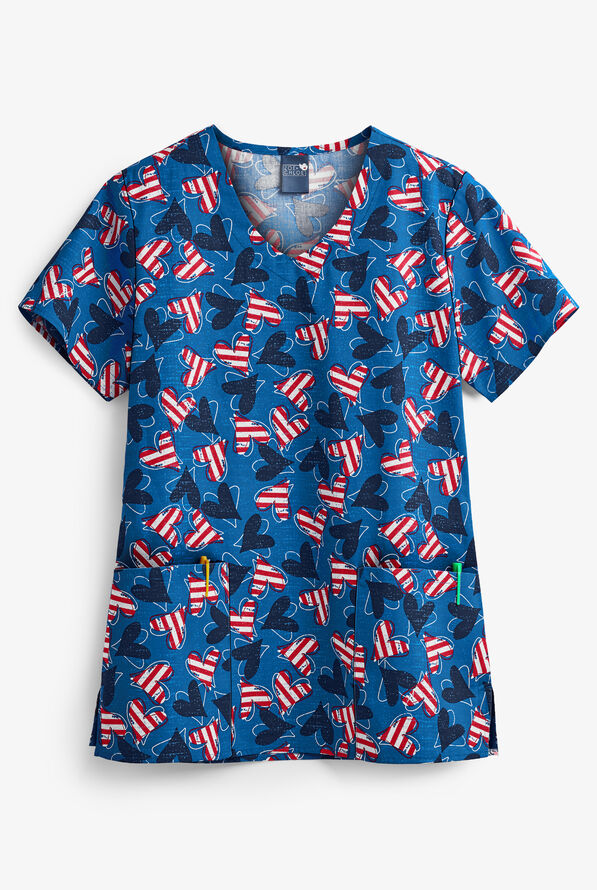 Zoe and Chloe Heartland Print V-Neck Scrub Top, Print Scrubs
