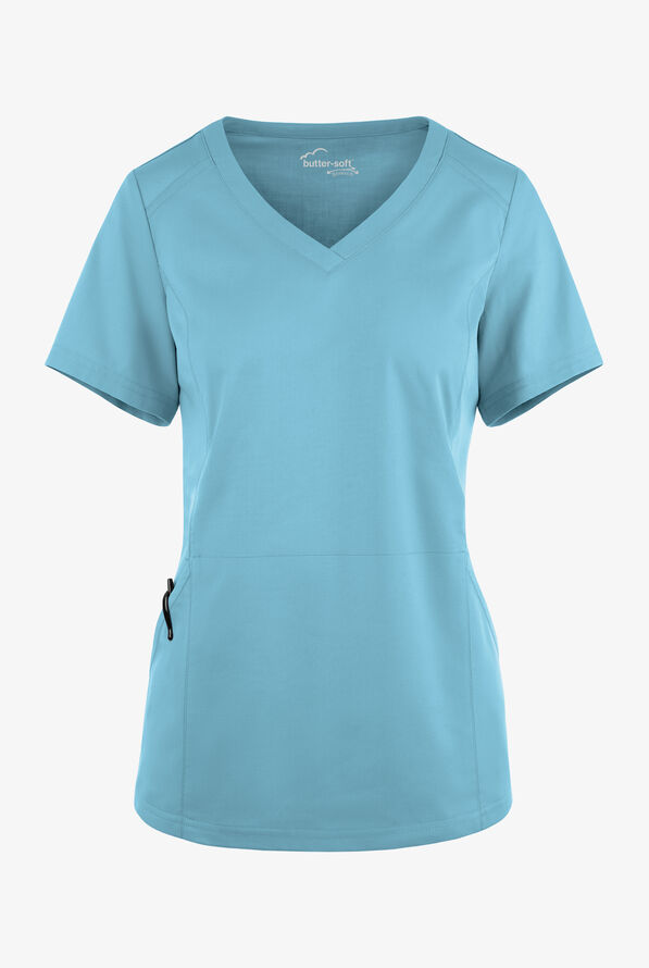 Blusa m&eacute;dica UA Butter-Soft STRETCH con detalle tejido y 3 bolsillos para mujer - Poolside View - 1