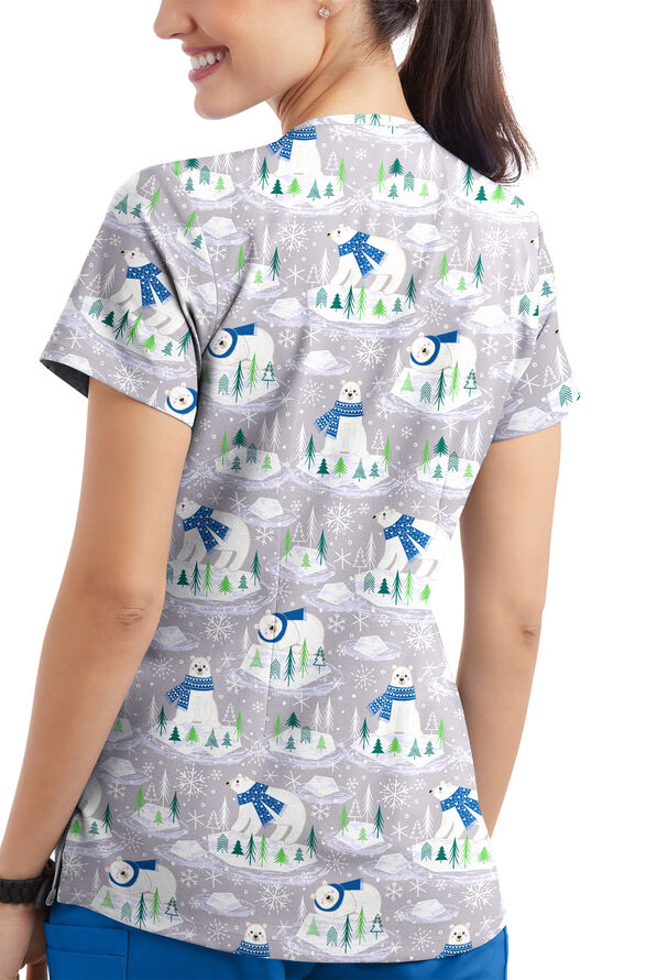Strictly Scrubs STRETCH Polar Holiday Silver Women's 4-Pocket Rounded V-Neck Print Scrub Top - null - 2