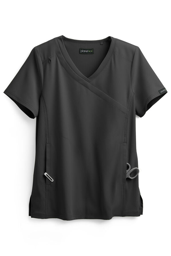 Planet koi Eco Women's 4-Pocket STRETCH Mock Wrap Scrub Top - Black - 1