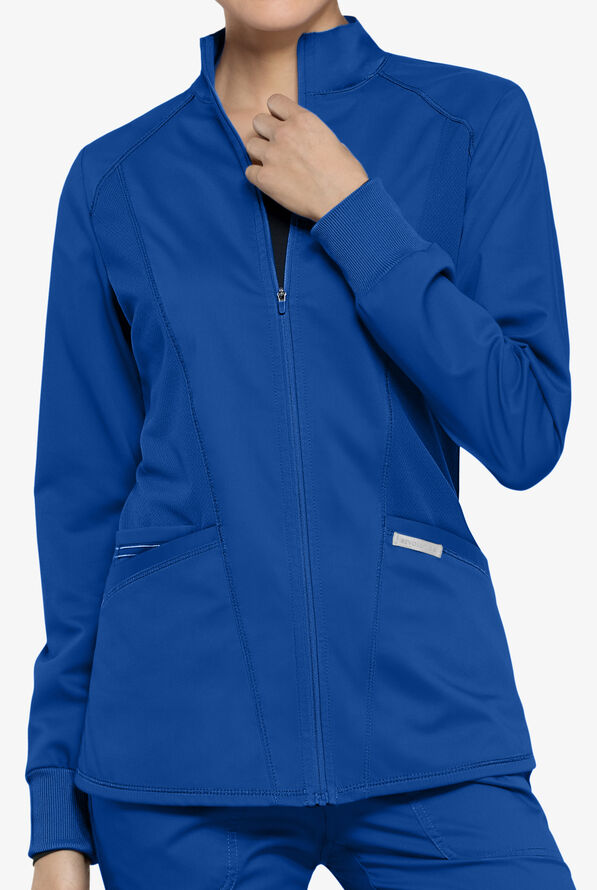 Cherokee Workwear Revolution Women's 3-Pocket STRETCH Mesh Panels Zip Front Scrub Jacket - Royal - 3