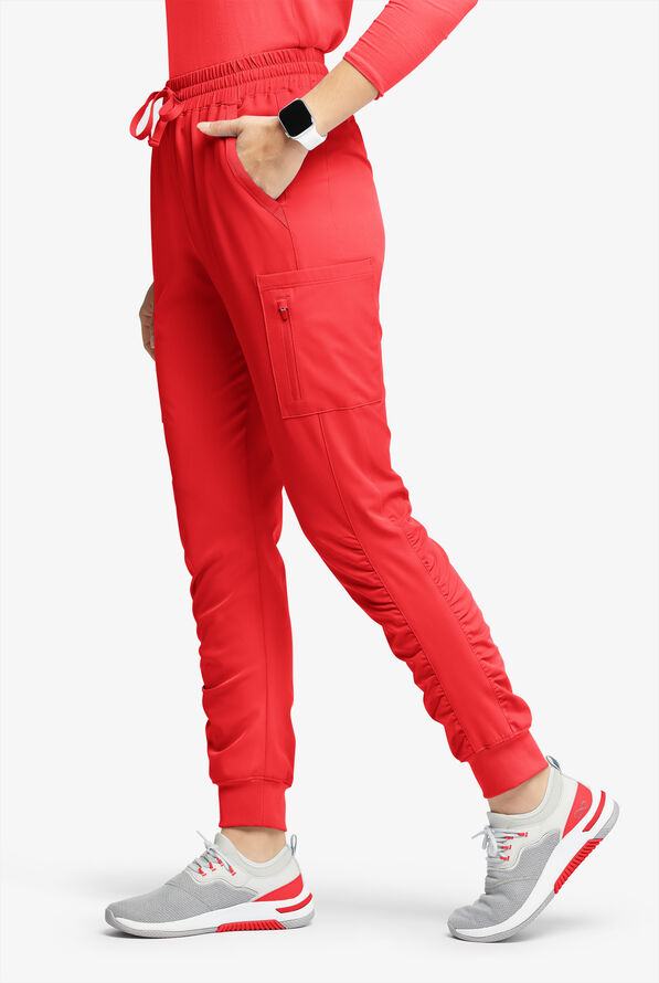 WhisperLite Calla Women's 6-Pocket Ruched Leg Cargo Scrub Pants - Petite - Diva Red - 1