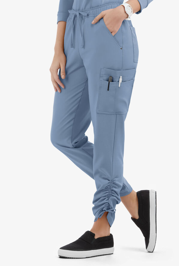 Easy STRETCH Halle Women's 11-Pocket Ruched Leg Jogger Scrub Pants - Petite - Indigo Batik - 1