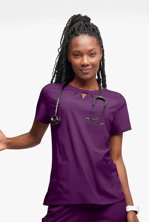 Easy STRETCH Salma Women’s 3-Pocket Keyhole Neck Scrub Top - Eggplant - 4