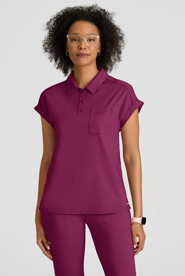 Grey's Anatomy by Barco Knit STRETCH Renew Women's 1-Pocket Dolman Sleeve Polo Scrub Top - Wine - 2