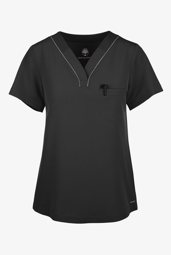 360 by Healing Hands Stella Women's 1-Pocket STRETCH Side Snap V-Neck Scrub Top - Black - 1