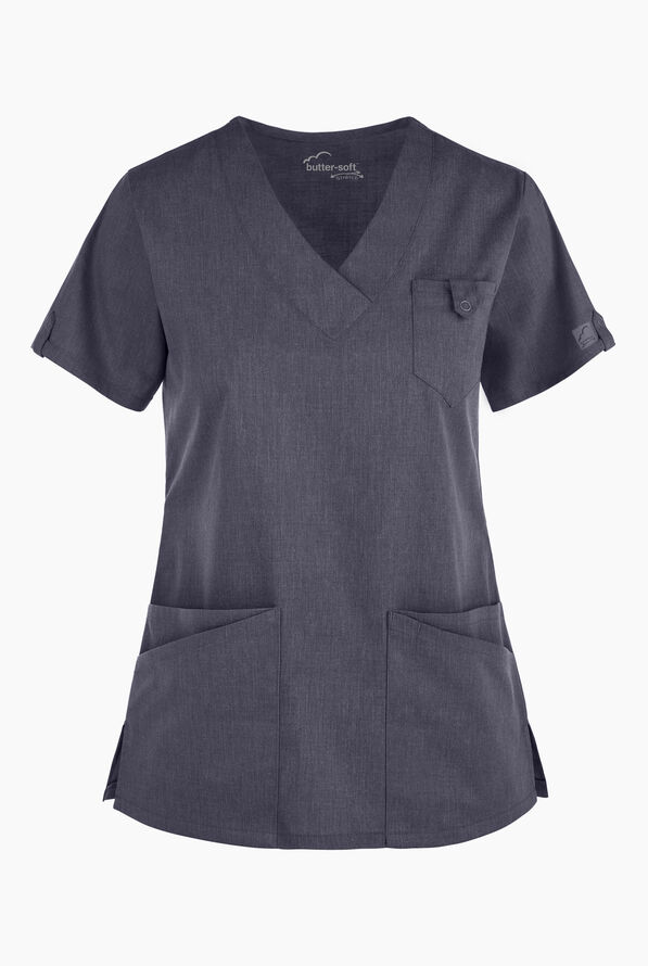 Butter-Soft STRETCH Women's 6-Pocket V-Neck Scrub Top - Indigo Denim - 1