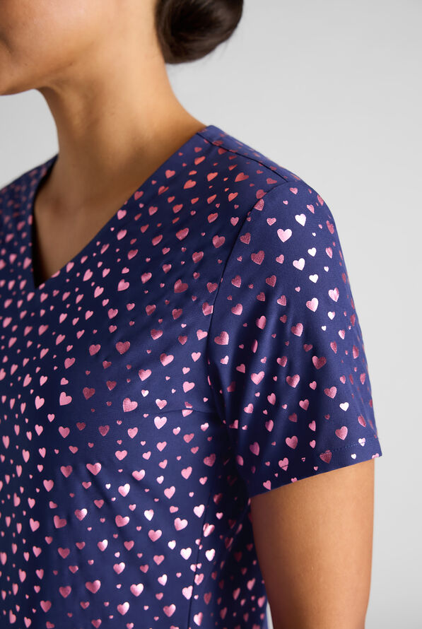 Easy STRETCH Shining Hearts Navy Women's 2-Pocket Tuck In  V-Neck Print Scrub Top - null - 2