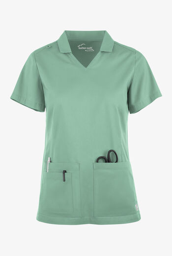 Butter-Soft STRETCH Women's 3-Pocket Short Sleeve Collar and Knit Panels Scrub Top