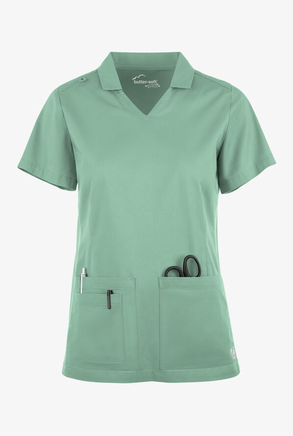 Butter-Soft STRETCH Women's 3-Pocket Short Sleeve Collar and Knit Panels Scrub Top - Water Mint - 1