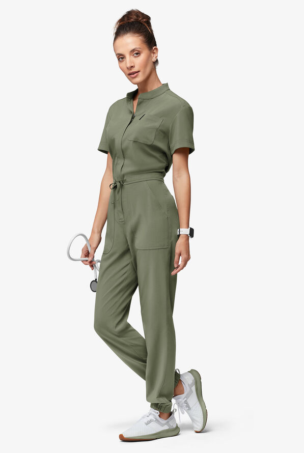 Easy STRETCH Allie Women's 6-Pocket Short Sleeve Jumpsuit - Olive Leaf - 1