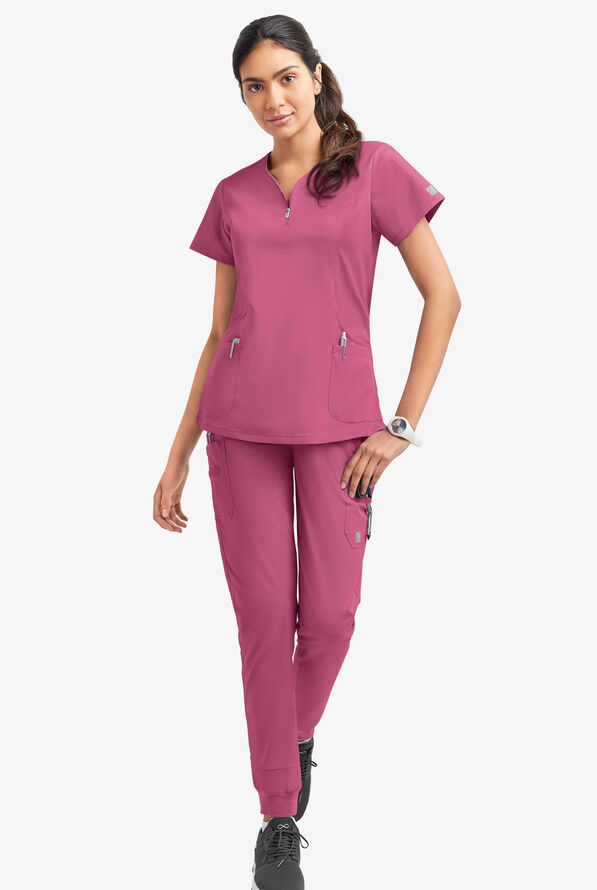 Butter-Soft STRETCH Women's 4-Pocket Curved Neck Zipper Scrub Top - Berry Haze - 2