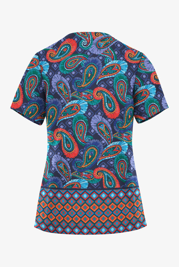 Butter-Soft STRETCH Paisley Delight Navy Women's 2-Pocket V-Neck Print Scrub Top - null - 2