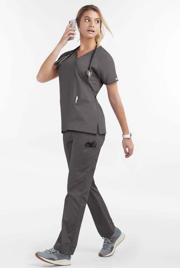 Butter-Soft Core Women's 2-Pocket Solid Mock Wrap Scrub Top - Grey Stone - 2