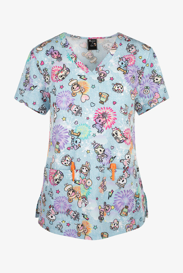 koi Tokidoki Cotton Candy Carnival Women's 2-Pocket STRETCH V-Neck Print Scrub Top - null - 1