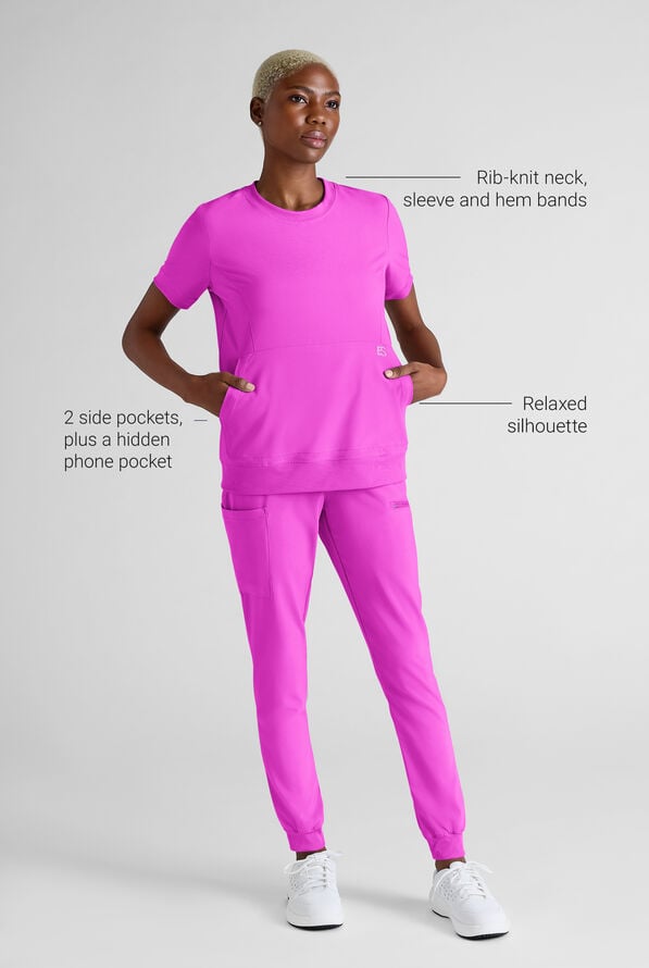 Easy STRETCH Anya Women's 2-Pocket Relaxed Crew Neck Scrub Top - Electric Fuchsia - 3