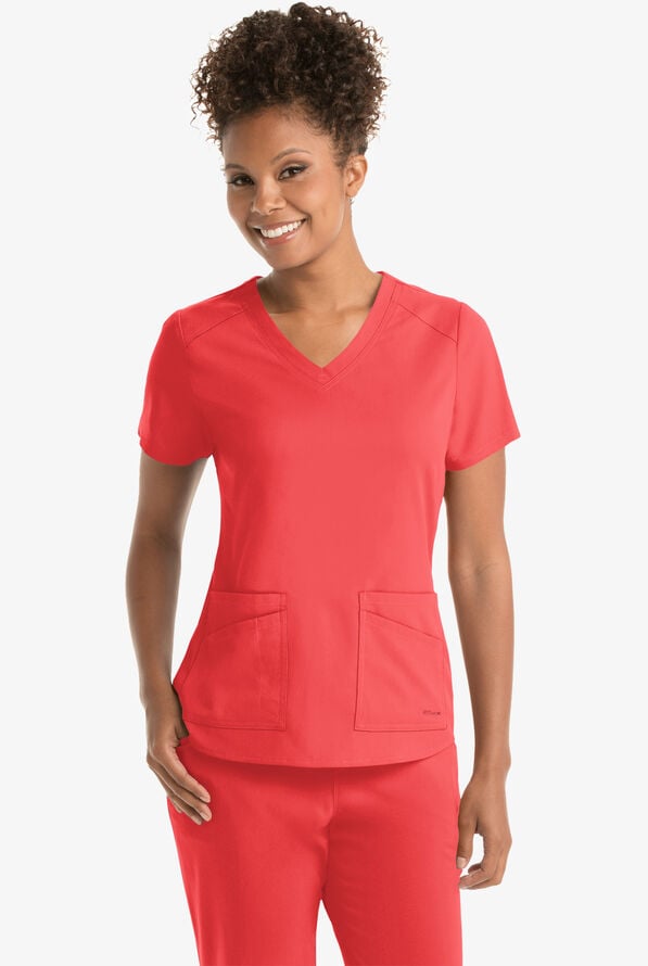 Grey's Anatomy by Barco Spandex STRETCH Emma Women's 4-Pocket V-Neck Scrub Top - Coral Bloom - 2