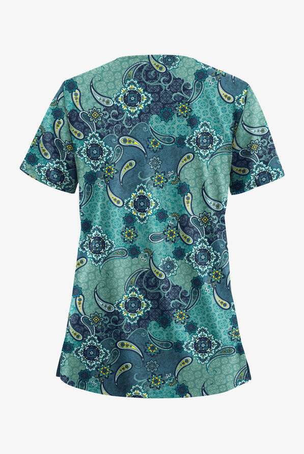 Butter-Soft STRETCH Mixed Medallion Navy Women's 2-Pocket V-Neck Print Scrub Top - null - 2