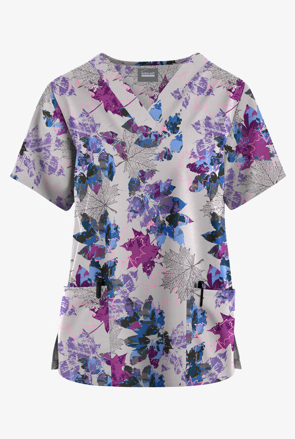 Blusa médica estampada Butter-Soft Originals Autumn Park Silver de corte clásico con cuello en V y 2 bolsillos para mujer - null - 1
