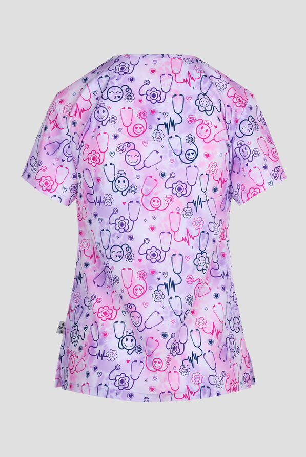 Zavate Ava Therese Happy Stethoscopes Women's 2-Pocket STRETCH V-Neck Print Scrub Top - null - 2