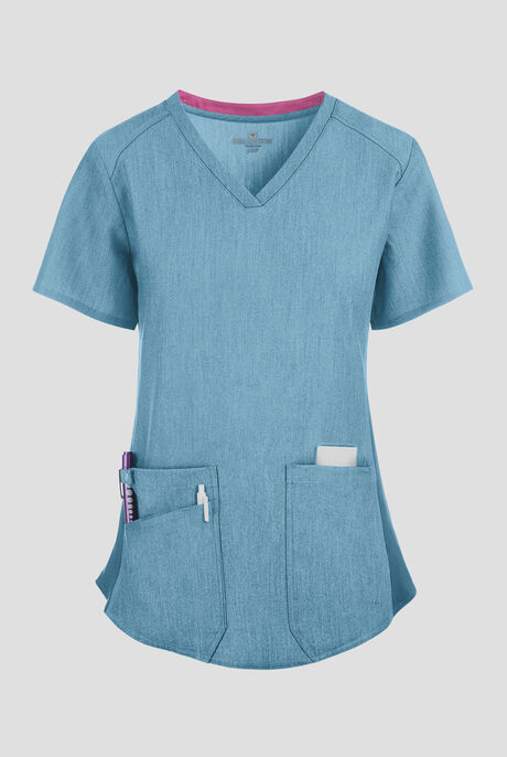 Med Couture Touch Women's 3-Pocket STRETCH Rib-Knit Side Panels Shirttail V-Neck Scrub Top