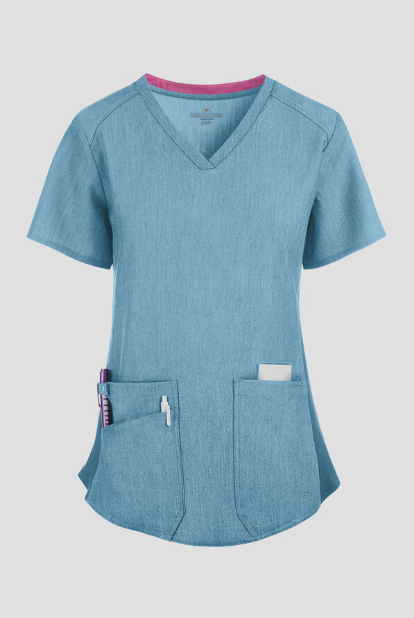 Med Couture Touch Women's 3-Pocket STRETCH Rib-Knit Side Panels Shirttail V- Neck Scrub Top - Blue Jean Baby - 1