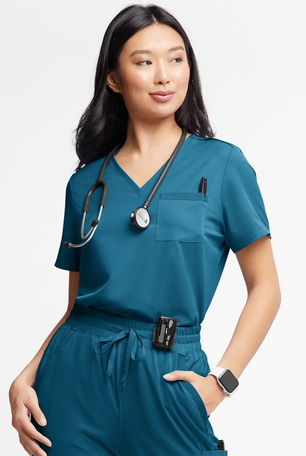 WhisperLite Zora Women's 2-Pocket Stretch V-Neck Tuck-in Scrub Top - Caribbean Blue - 1