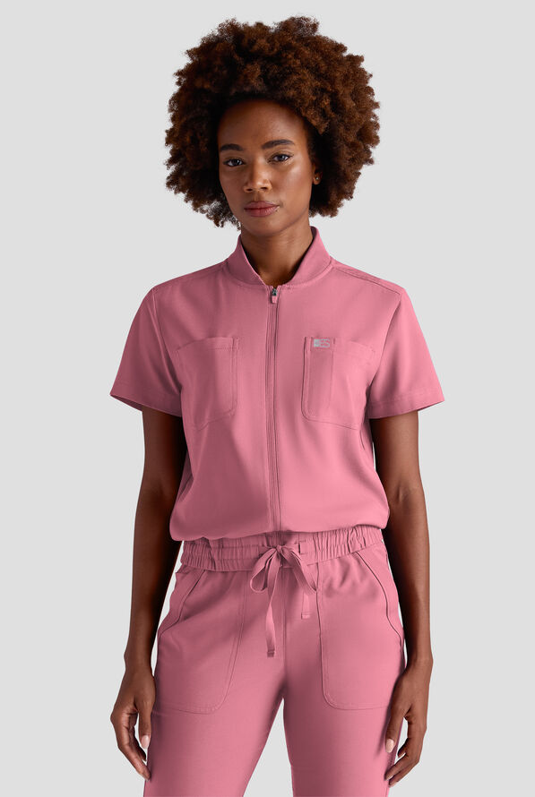 Easy STRETCH Nika Women's Zip Front Scrub Top– 2-Piece Jumpsuit Top - Tea Rose - 1