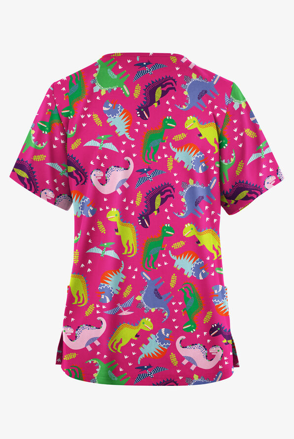 Butter-Soft Originals Colorful Dinos Fuchsia Women's 2-Pocket V-Neck Print Scrub Top - null - 2