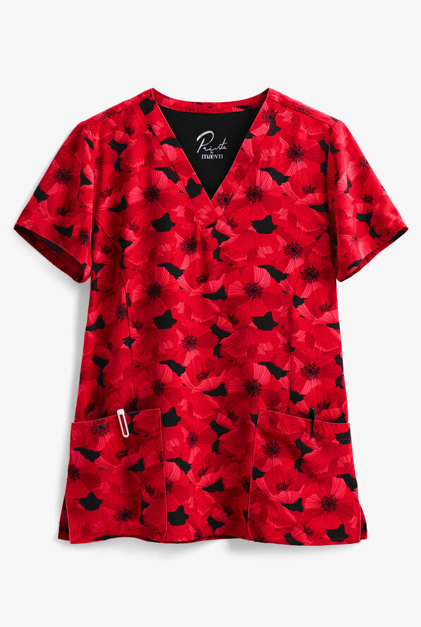 Maevn Midnight Garden Women's 3-Pocket V-Neck Print Scrub Top - null - 1
