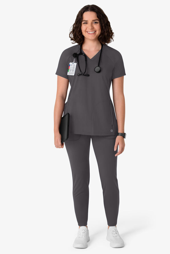 Wink Renew Knit Women's 4-Pocket STRETCH Rib-Knit Side Panel Raglan Sleeve V-Neck Scrub Top - Pewter - 4