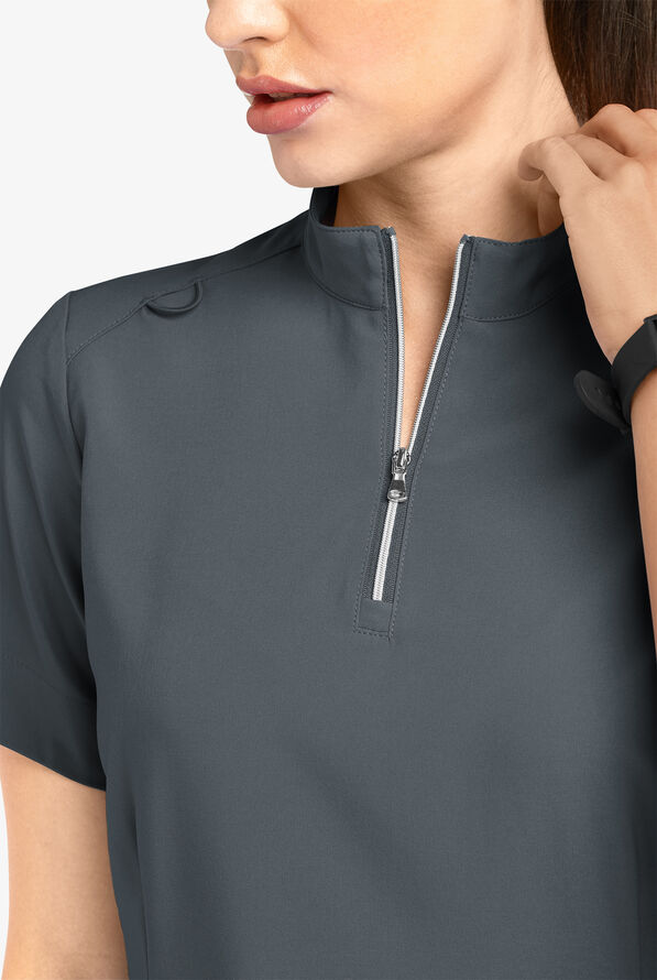Easy STRETCH Jen Women's 4-Pocket Zip-Neck Short Sleeve Scrub Top - Pewter - 3
