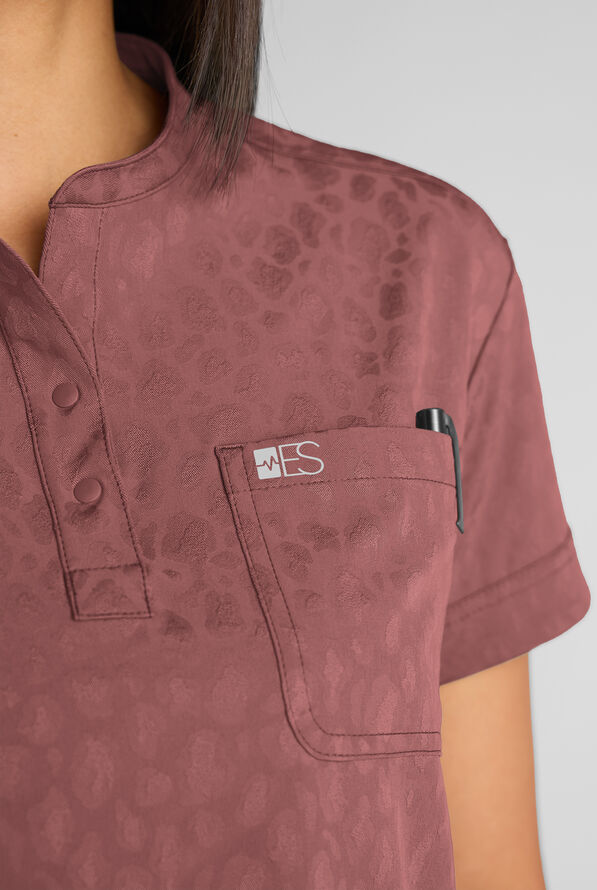 Easy STRETCH Bella Women's Jacquard 1-Pocket Henley Scrub Top - Soft Chestnut - 2