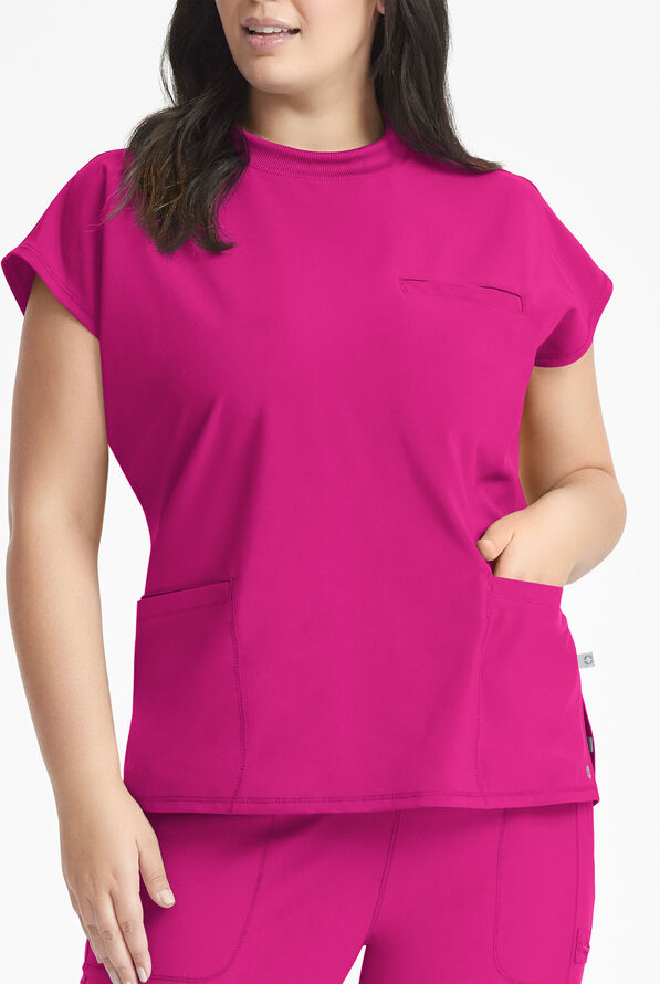 Infinity Women's 4-Pocket STRETCH Dolman Sleeve Rib-Knit Mock Neck Scrub Top - Future Fuchsia - 2